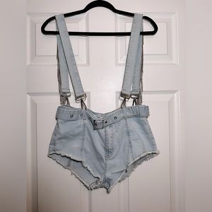 Jean shorts with rhinestone suspenders